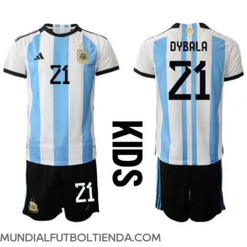 Camiseta Argentina Paulo Dybala #21 Primera Equipación Replica Mundial 2022 para niños mangas cortas (+ Pantalones cortos)